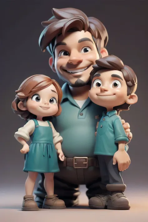 clay material, 3d cartoon, a figure of a cute dad smiling with his (son) and a cute (daughter), full body, complete