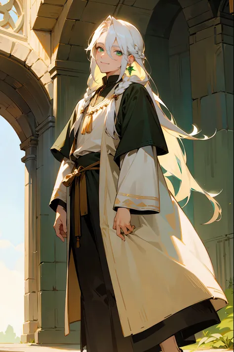 1male, Long White Hair, Green Eyes, Sandals, Cave, Perfect Generation, Masterpiece Quality, Earrings, Medieval Clothing, Casual Clothing, Smile, Detailed Face, Side Braid