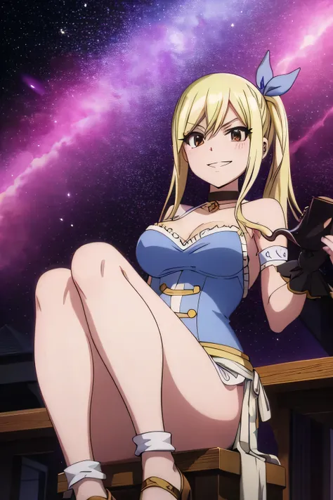 (better quality),lucy heartfilia ,lingerie, montrant ses jambes, montrant ses pieds, sinister and evil smile
