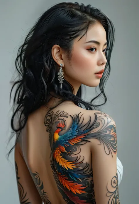 (best quality,4k,8k,highres,masterpiece:1.2),ultra-detailed,(Ultra-realistic, photorealistic,photo-realistic:1.37), from back, (a beautiful young Japanese girl with a complex and colorful phenix tattoo on her back:1,5), 18yo, Amazing beauty, (high nose:1.4...