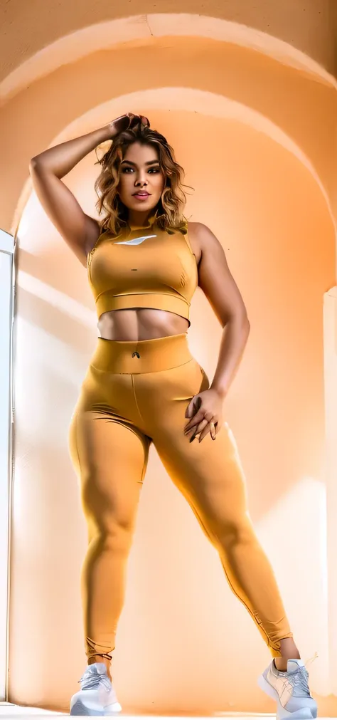 araffe woman in a tan sports suit in chiffon transparent posing for a picture, thicc, lorena avarez, tight outfit, two piece workout clothes, cottagecore!! fitness body, fit curvy physique, fit, women full body, toned shape, tight attire, fit woman, toned,...