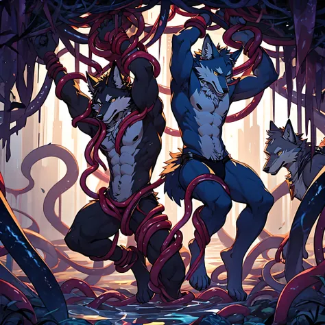 two wolves caught in tentacles and fucked in limbo, tentacles by the hands hanging hands clasped tentacles more tetacles less details Without clothing