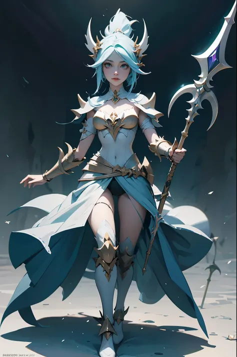 Cartoon Style，Real thick coating texture， [Full body portrait], Thigh gap.She wears white armor made of siren bones，The armor is covered with spikes，Just like Zyra in LOL，Holding a spear in hand，Half exposed chest and waist，She has a tail