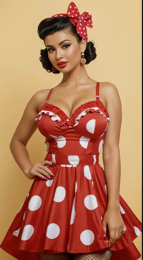 Photo with a beautiful dark tan, sexual and emotional, она перувьянка Cintya Añaños. She has black curly hair, creating a mysterious and sexy image. Model dressed in pin-up style with hair styled "victory rolls" and curly bangs. Her plump red lips make h...