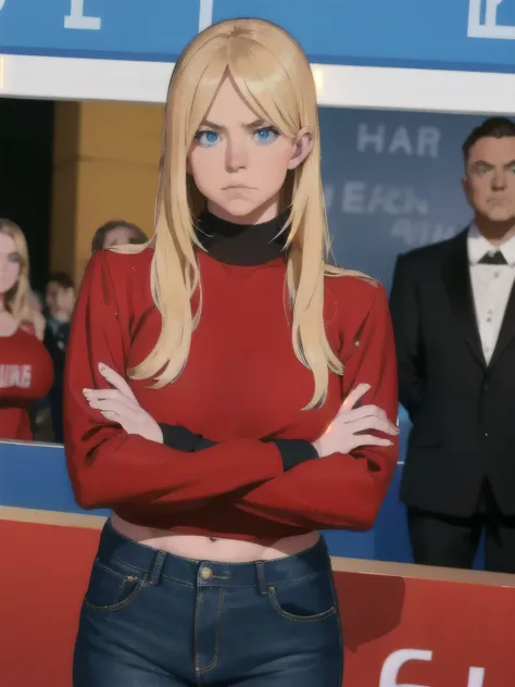 1 girl standing with her arms crossed, angry face, looking at viewer, judgmental look, black jeans, red shirt, upper body, beautiful, realistic, blonde hair, bright pupils, blue eyes, elon musk in the background, animated