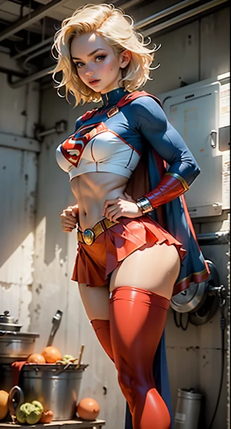 Beautiful woman short hair defined body big breasts, big thighs wearing a Supergirl cosplay