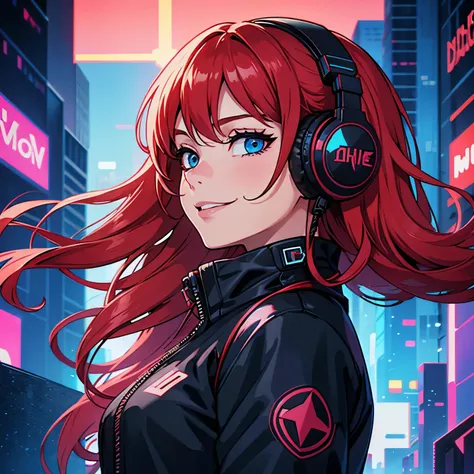 Long red hair listen music, blue eyes, smiling girl, synthwave, using a headphone, synthwave style, profile pic, gtlich style, Chromatic aberration, cyberpunk city
