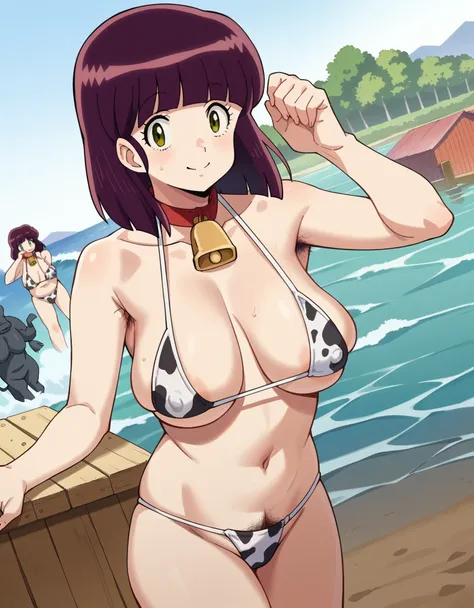 score_9, score_8_up, score_7_up, source_anime, shinobu miyake, bangs, purple hair, green eyes, cow print micro bikini, cow bell, Wetting Self, (Lactation stain:0.5), Dirty barns, straw, standing, wave both hands, smile, looking at viewer, Dutch angle, sagg...