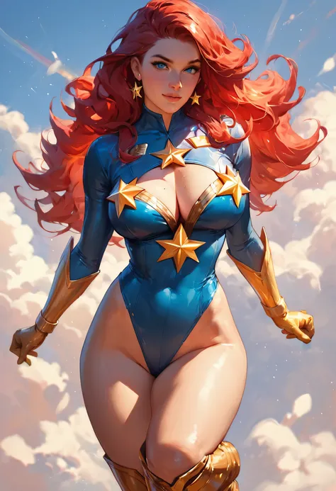 score_9, score_8_up, score_7_up, score_6_up, score_5_up, score_4_up and score_8 to score_8, score_7_up, score_6_up, score_5_up, score_4_up, Sexy, Superheroine, Red hair, long hair, busty, ((blue highleg leotard with a t-back thong and a gold star insignia ...