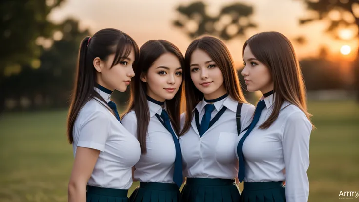 three girls, masterpiece,best qualtiy,hdr, hyper HD, 8K,Bokeh,Ultra-fine painting,Sharp focus,Physically-based rendering,Extreme detail description,portraitures,full-body photo，back turned at viewer, (long bob_cut hair), Sexy smile, choker, (school girl un...