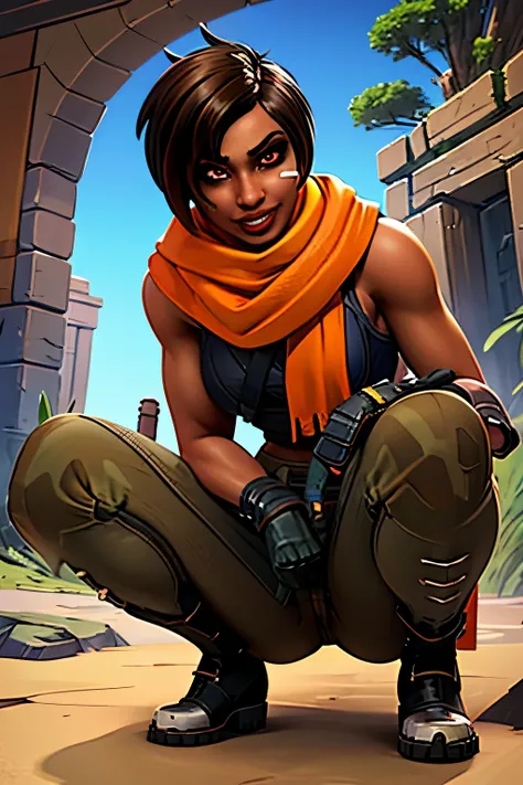 Kinessa, cabelo castanho curto, olhos vermelhos, tonificado, orange scarf, Band-aid na bochecha, luvas sem dedos, cinto com caveira, botas, corte superior, pants, 1 garota, Sozinho, visualizador de frente, olhando para o espectador, sorriso