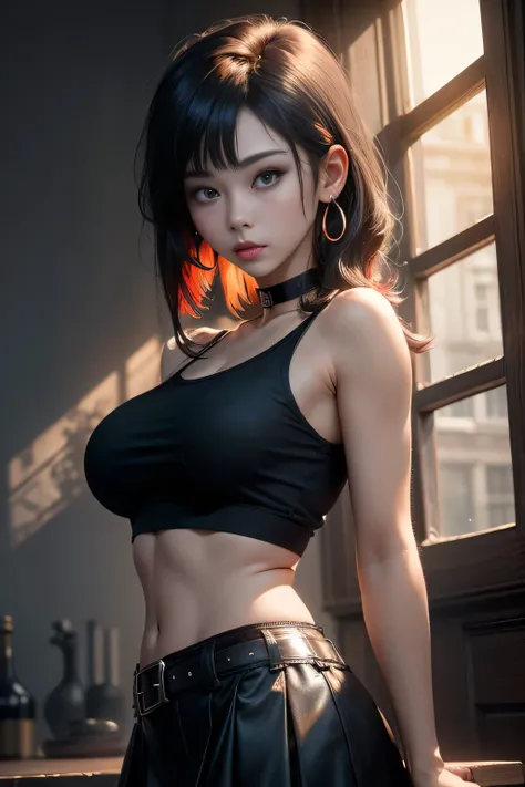 sfw, (masterpiece, best quality, 1girl, solo, intricate details, chromatic aberration), (realistic),(skin), ((breath)),(black hair,blunt bangs),detailed hair, red head ornament, blue highlights, hair over one eye,black eyes, small earrings, sharp eyes, cho...