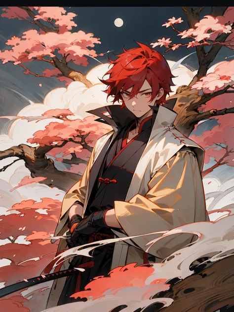 Adult male, red hair,short hair, samurai, katana,sakura tree,waterfall, masterpiece:1.5,Traditional Chinese ink,cloud,moon,grass, golden eyes, upper body, arms in pockets, black gloves