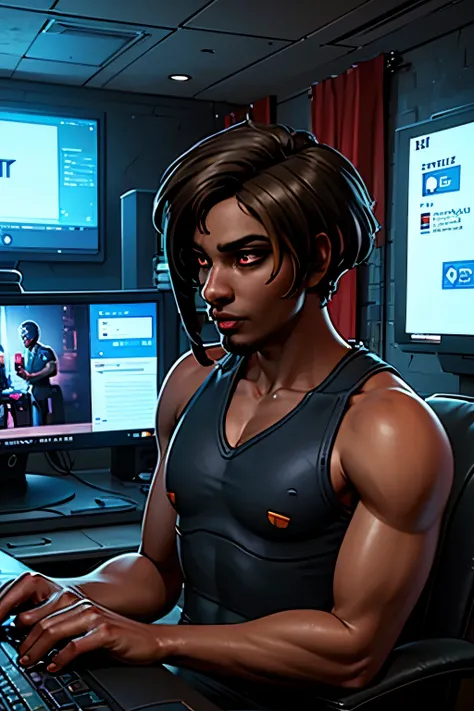 Young man with mixed brown skin tone WITH LONG BLACK HAIR CARRYING A COMPUTER PHONE HOLDING TWO MONITORS SITTING IN ROOM of cyberpunk sci-fi tropical island., brilhante, detalhado, 8k, intrincado, Fantastic, anime vibe, colorido, brilhante, lindo, reggae