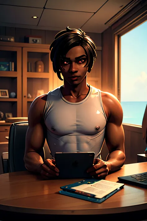 Young man with mixed brown skin tone WITH LONG BLACK HAIR CARRYING A COMPUTER PHONE HOLDING TWO MONITORS SITTING IN ROOM of cyberpunk sci-fi tropical island., brilhante, detalhado, 8k, intrincado, Fantastic, anime vibe, colorido, brilhante, lindo, reggae