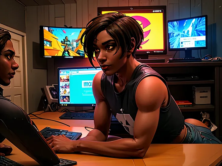 Young man with mixed brown skin tone WITH LONG BLACK HAIR CARRYING A COMPUTER PHONE HOLDING TWO MONITORS SITTING IN ROOM of cyberpunk sci-fi tropical island., brilhante, detalhado, 8k, intrincado, Fantastic, anime vibe, colorido, brilhante, lindo, reggae