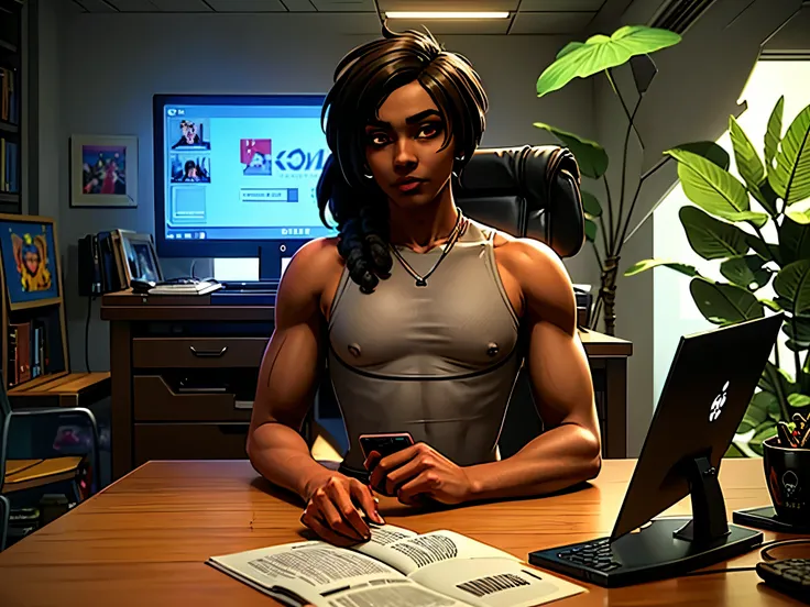 Young man with mixed brown skin tone WITH LONG BLACK HAIR CARRYING A COMPUTER PHONE HOLDING TWO MONITORS SITTING IN ROOM of cyberpunk sci-fi tropical island., brilhante, detalhado, 8k, intrincado, Fantastic, anime vibe, colorido, brilhante, lindo, reggae