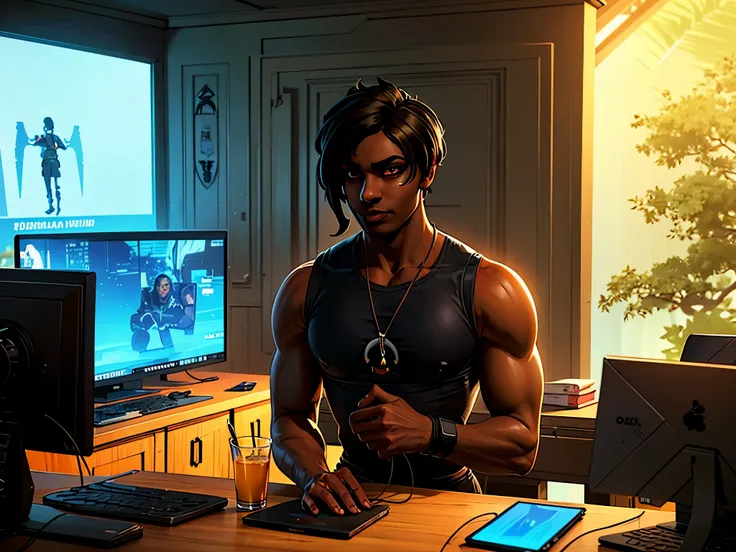 Young man with mixed brown skin tone WITH LONG BLACK HAIR CARRYING A COMPUTER PHONE HOLDING TWO MONITORS SITTING IN ROOM of cyberpunk sci-fi tropical island., brilhante, detalhado, 8k, intrincado, Fantastic, anime vibe, colorido, brilhante, lindo, reggae