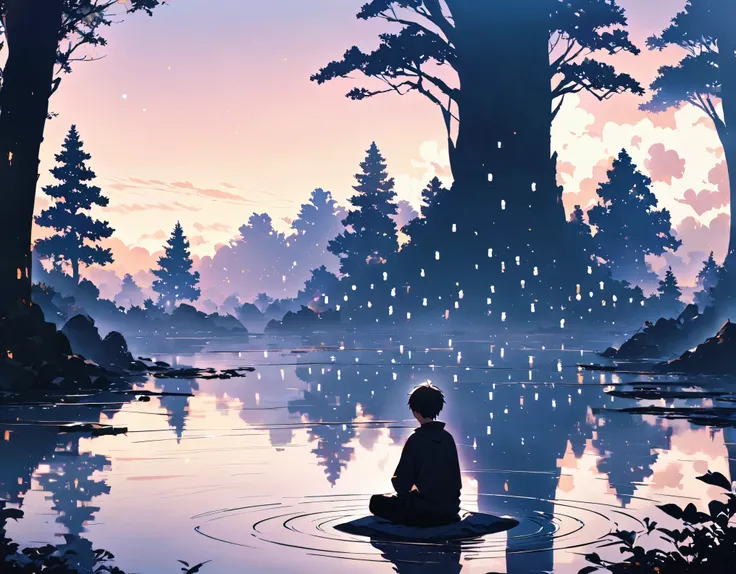 "((peaceful)) Scenes, boy kneeling and meditating, ((ripples in the pond)), ((Marshmallow Cloud)), ((Silhouette of a gnarled tree)), Professional photography, ((rule of thirds)), High resolution, best quality