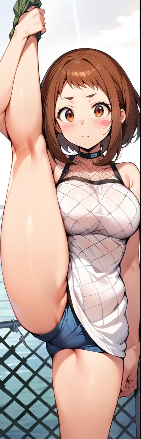 (masterpiece, best quality:1.2), 1girl, solo,standing_split, 
ochako uraraka, brown eyes, brown hair, short hair, blush, blush stickers, sleeveless clothing,Sleeveless shirt,( fishing net garment), Unzip the jacket，large breasts, detail_face， eyeslashes， s...