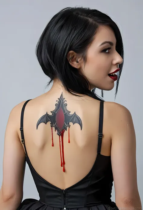 Arafed, Dark fantasy art, fantasy art, goth art, a picture of a ((tattoo: 1.5)) on the back of a female vampire, ((a fanged mouth dripping blood tattoo: 1.5)) (intricate details, best quality, masterpiece: 1.5), on the back of the vampire, the tattoo is vi...