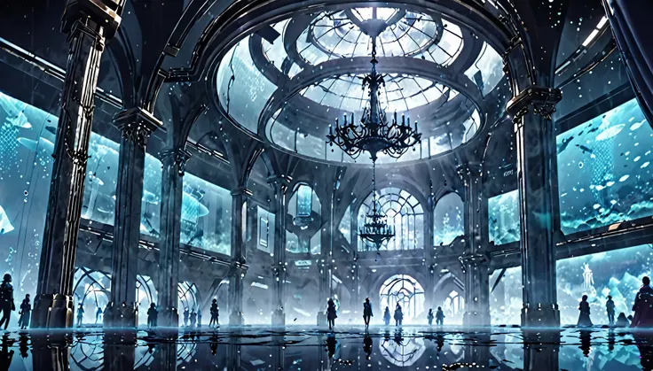 futuristic, huge windows into underwater landscape, cold ambiance, sterile architecture, few people, holograms, dark, futuristic chandelier