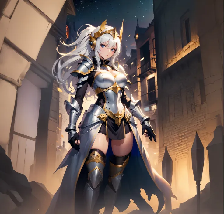 Ambiente medieval, com predios e casas do lado direito e esquerdo. night sky. Na parte inferior as pernas de uma figura feminina, She has medieval armor with a cape on the back. arte estilo anime altamente detalhado. cores vivas e vibrantes. fantasy and ro...