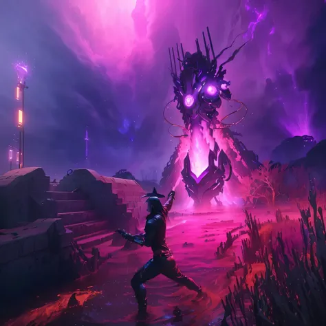 image of a man in a field with a giant robot, call the creepy god, magician fights ghoul, tentacles climb from the portal, Purple ancient horn deity, steel witch, steel witch style, PC screenshot, Creepy creature, fuchsia leather under armor, Dance scene i...