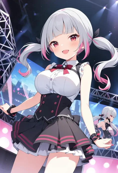 red eyes, twintails, bangs , grey hair, pink hair, multicolored hair,, large breasts, live stage, solo,