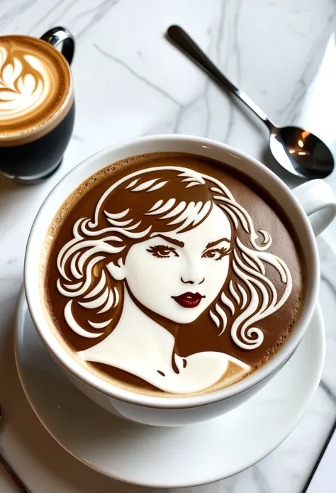 A cup of coffee with latte art depicting the face and hair style of Taylor Swift, placed on top of a white marble table in a cafe. The design is intricate and detailed, showcasing the artists skill at creating elegant patterns using foam and milk to form h...