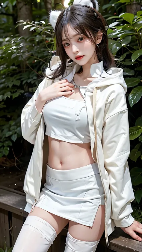 hoodie。From the knee up。Only the navel is exposed。White Hair。in the forest。mini skirt。Knee socks。Standing posture。