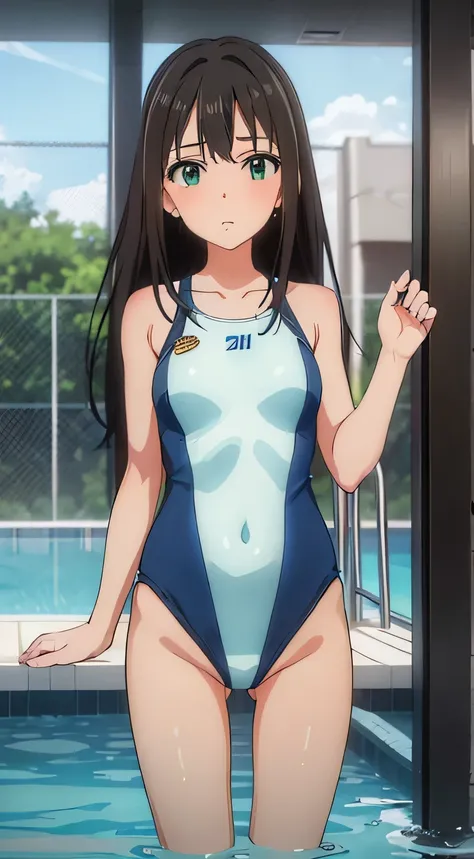 (masterpiece、highest quality、In 8K、High resolution:1.2)、alone、One Girl、 Rin Shibuya, Feeling embarrassed、blush、Look at the viewers、whole body、Swimsuit、Glossy body、Wet body、Poolside