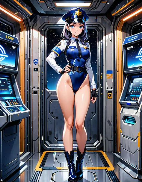 (masterpiece), (best quality), (high res),1girl, tall body, beautiful detailed eyes, beautiful detailed face, cute face, perfect hands, complete fingers, perfect anatomy, perfect proportions, ((hat, dark blue police hat)), ((leotard, matching leotard, bare...