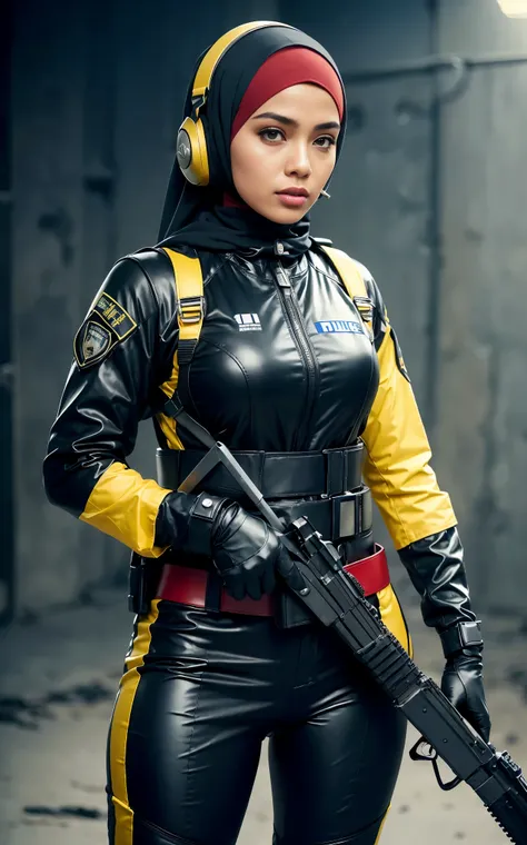 RAW, (Best quality, high resolution, work: 1.3), perfect lighting, 8k, Beautiful Malay woman in hijab, perfect fit body, ((wearing racing suit likes police uniform, black and grey mecha, wearing high-tech headset, military harness, cloths colored base on b...