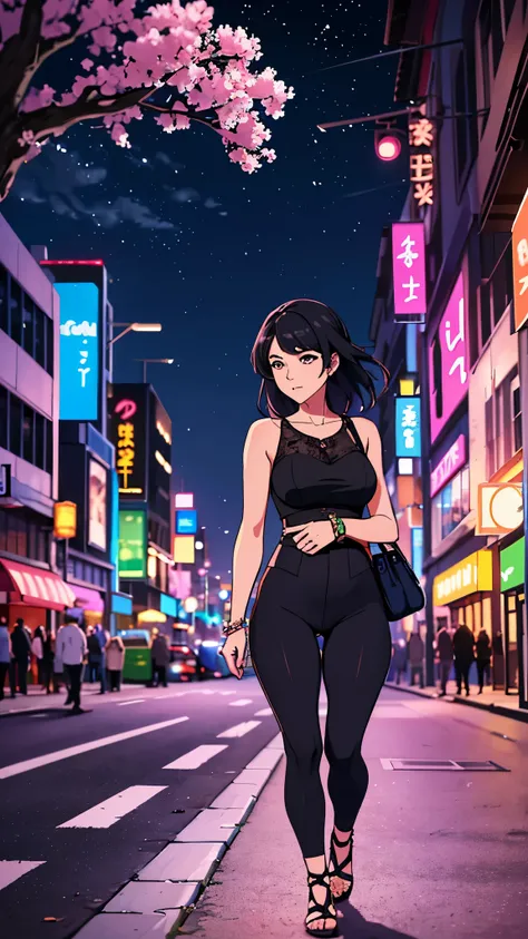 Big city street at night illuminated by sparkling lights、Fascinated by the smartphone screen、Revealing stylish hot pants、Surrounded by fragrant pink flowers dancing in the night breeze、A casual passerby adds to the story of silence、The gradations of the ni...