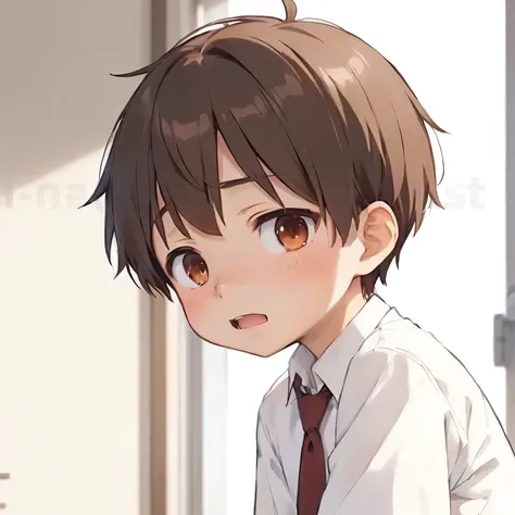 anime boy with brown hair and white shirt and tie looking at camera, anime moe artstyle, smooth anime cg art, anime boy, ( ( ( yoshinari yoh ) ) ), cute anime face, inspired by Inoue Naohisa, 🍁 cute, kawaii realistic portrait, slightly happy facial express...