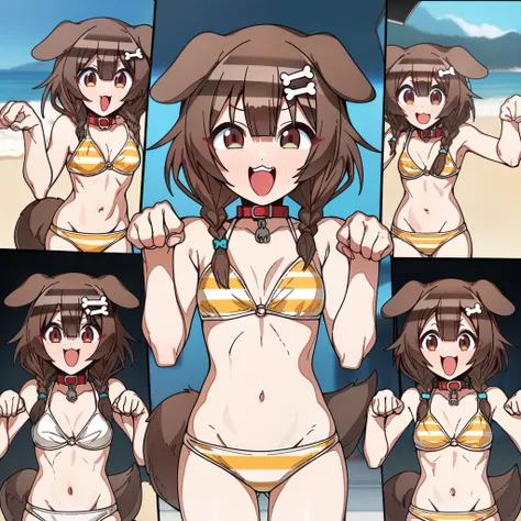 inugami_korone, Artist, erere, Copyrights, idolmaster, idolmaster_shiny_colors, Character, General, 1girl, brown_hair, blunt_bangs, blush, medium_breasts, breasts, smile, brown_eyes, censored, striped bikini, yellow_bikini, frilled_bikini, navel, dog_tail,...