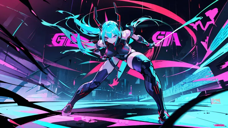 curvy girl, perfect proportions, cybernetic ninja suit, cyberpunk wall background with graffiti, red and black clothing, neon cyan and violet lighting, cinematic, ultra definition, holds two kunai, catwalk stance, 3/4 focus