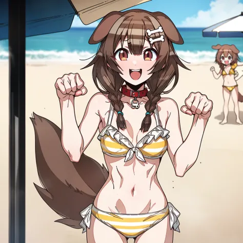 inugami_korone, Artist, erere, Copyrights, idolmaster, idolmaster_shiny_colors, Character, General, 1girl, brown_hair, blunt_bangs, blush, medium_breasts, breasts, smile, brown_eyes, censored, striped bikini, yellow_bikini, frilled_bikini, navel, dog_tail,...