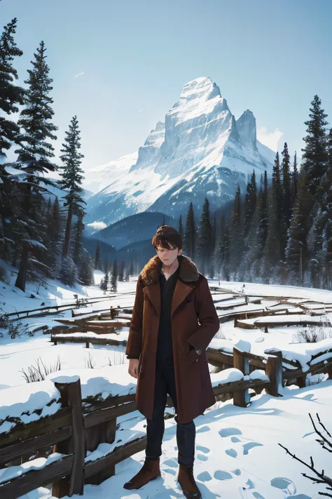 Its a landscape shot down below is A man he is wearing fur clothing the background is a snowy woods his eyes are hazle brown he has scars overlooking a snowy mountain range