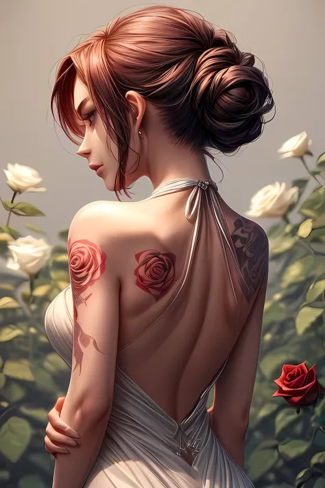 Womans back view in a halter neck dress has a single rose tattooed on her back