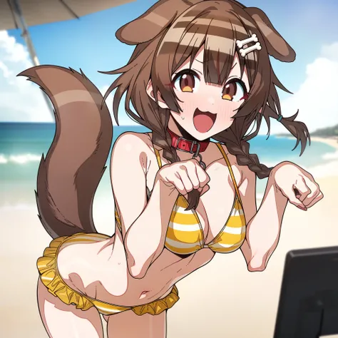 inugami_korone, Artist, erere, Copyrights, idolmaster, idolmaster_shiny_colors, Character, General, 1girl, brown_hair, blunt_bangs, blush, medium_breasts, breasts, smile, brown_eyes, censored, striped bikini, yellow_bikini, frilled_bikini, navel, dog_tail,...