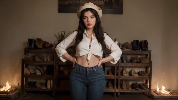 hyper realistic, master photo, 16K high resolution, Mexican woman, black hair, beautiful face, red lips, dark brown eyes, jeans, white shirt, northern hat, cowboy boots, Mexican people, very hot, riding a horse,hourglass body shape