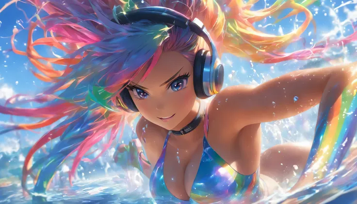 Transparent color PVC clothing, Transparent Vinyl Bikini, Prismatic, Holographic, chromatic aberration, Fashion Illustration, masterpiece, DJ Girl, Wink, 8k, Super detailed, Pixiv、(((Digital anime art)))、((Colorful Hair))、((Wearing futuristic headphones))、...