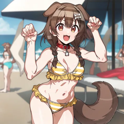 inugami_korone, Artist, erere, Copyrights, idolmaster, idolmaster_shiny_colors, Character, General, 1girl, brown_hair, blunt_bangs, blush, medium_breasts, breasts, smile, brown_eyes, censored, striped bikini, yellow_bikini, frilled_bikini, navel, dog_tail,...