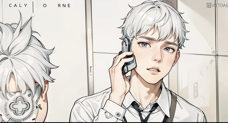 talks on cell phone cute 17 year old boy gray eyes gray hair talks worried scared on cell phone