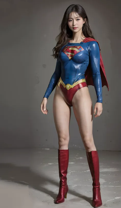 No background、(((Beautiful legs in black tights.)))、(((Legally express the beauty of your smile)))、((((Make the most of your original images)))、(((Supergirl Costume)))、(((Beautiful hairstyle)))、(((suffering)))、(((Please wear black tights....、Wear red boots...