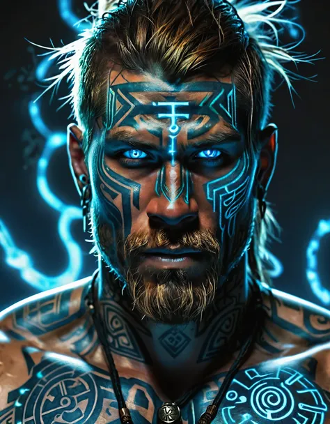 a close up of a man with a glowing body and a tattoo, with glowing runes on the body, covered in runes, with rune tattoos on the face, technoviking male with no shirt, djinn human hybrid, norse god, beautiful biomechanical djinn, cyborg hindu godbody, tren...