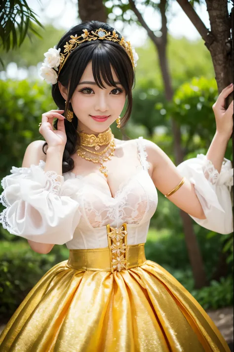 (nsfw), sexy golden Thai princess, only 1 female, ((doll-like appearance)), short Teal stylish hair, ((shiny Victorian-Style boots)), (big smile), ultra detailed eyes, vivid eye makeup, lipgloss, long lashes, defined eyebrows, ((sexy Paradise Kiss cosplay)...