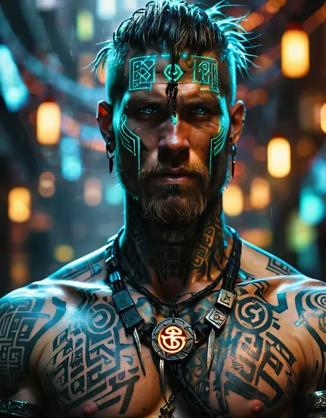 a close up of a man with a glowing body and a tattoo, cyberpunk art inspired by Ryan Barger, Artstation, fantasy art, with glowing runes on the body, covered in runes, with rune tattoos on the face, technoviking male with no shirt, djinn human hybrid, nors...